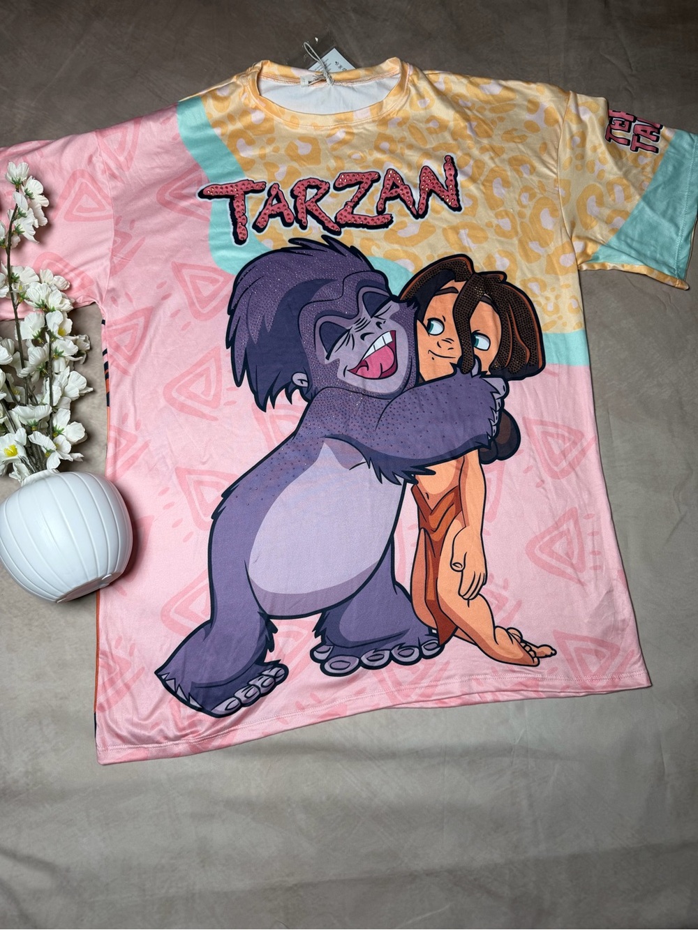 Tarzan Graphic Tee - Pink & Yellow Cartoon Print